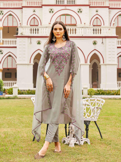 Dhiyona TI Women's Silk Blend Multi Thread Straight Cut Kurta with Pant and Dupatta
