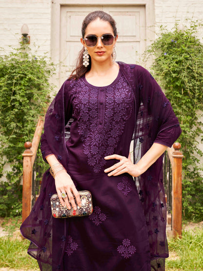 Dhiyona TI Women's Wine Silk Blend Tonal Thread Straight Cut Kurta with Pant and Dupatta
