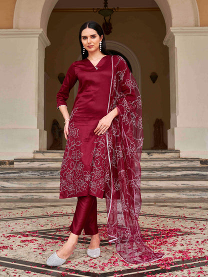 Dhiyona TI Women's Blend White Thready Work Kurta with Pant and Dupatta