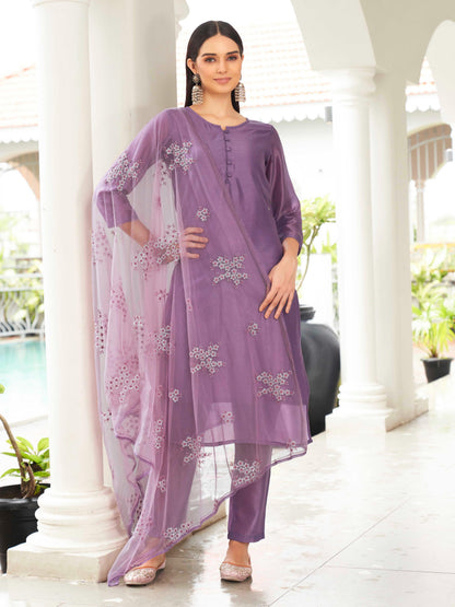 Dhiyona TI Women's Purple Solid Kurta and Pants with Dupatta