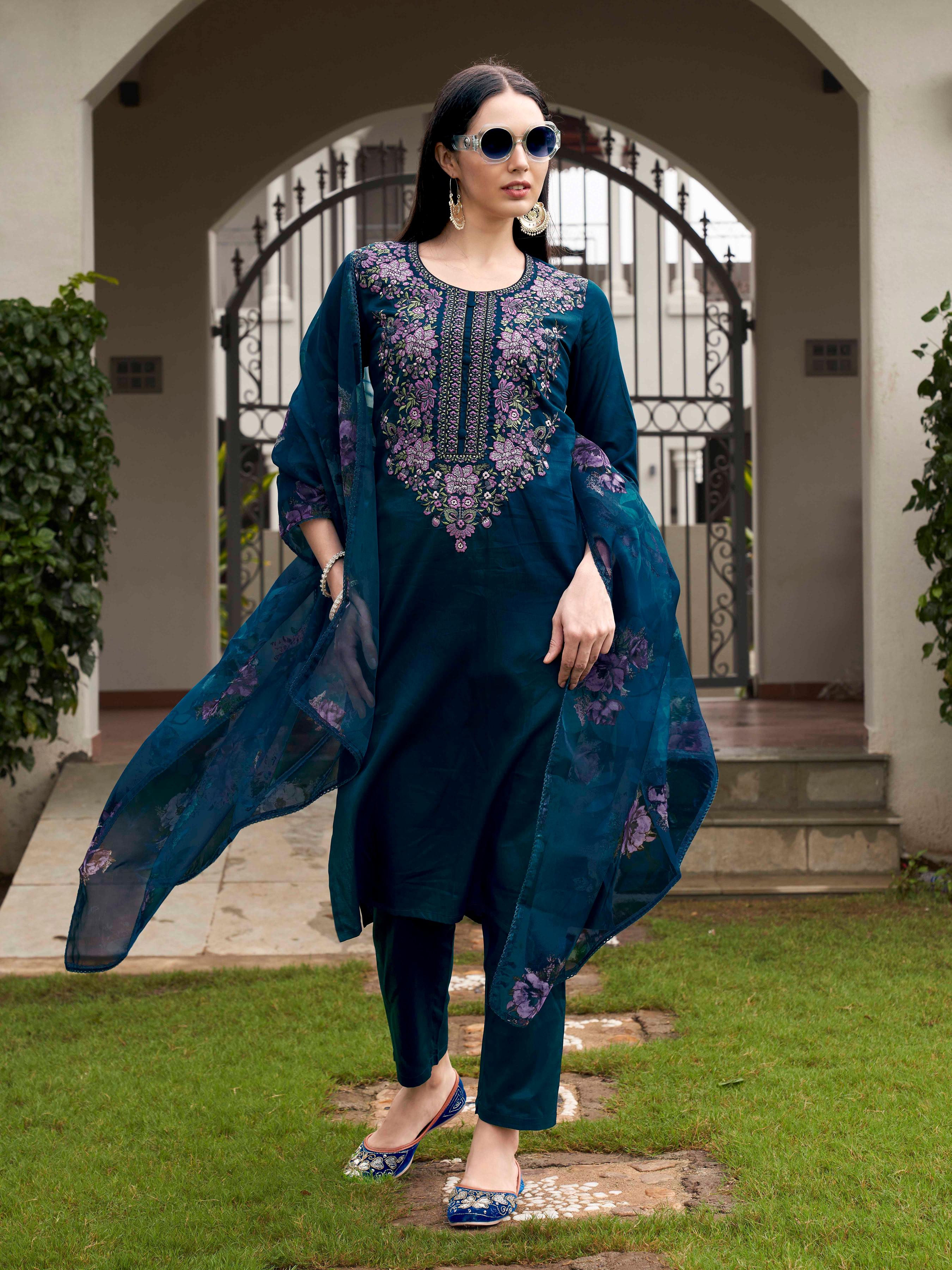 Dhiyona TI Women's Teal Blue Embroidered Kurta and Pants with Dupatta