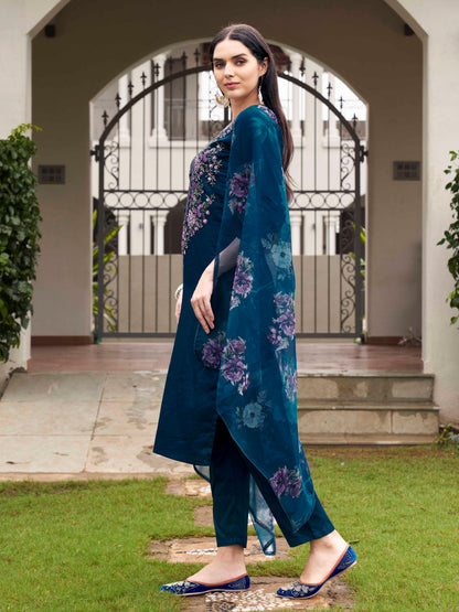 Dhiyona TI Women's Teal Blue Embroidered Kurta and Pants with Dupatta
