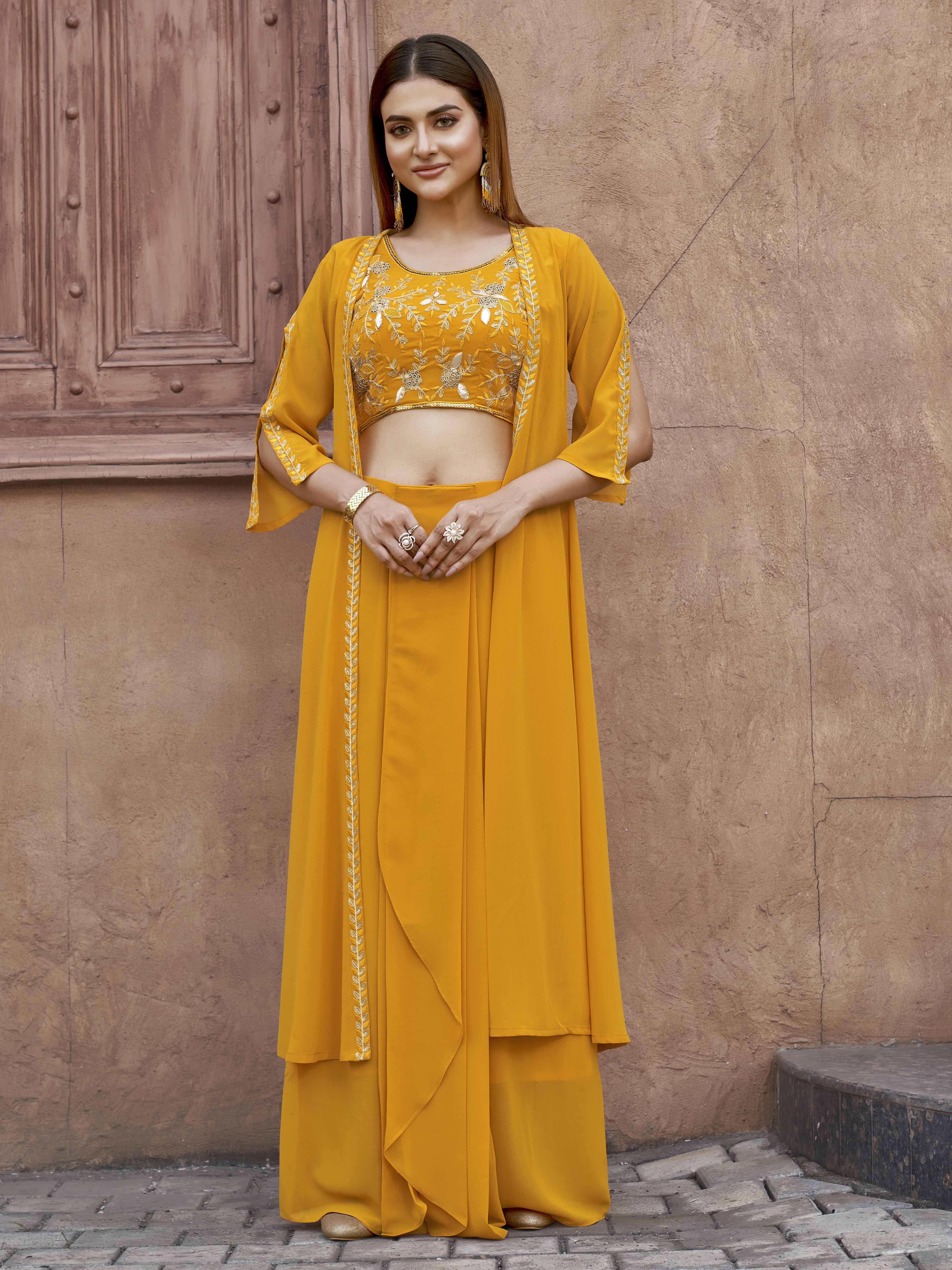 Dhiyona TI Women's Women Yellow Georgette Embroidered Co Ord