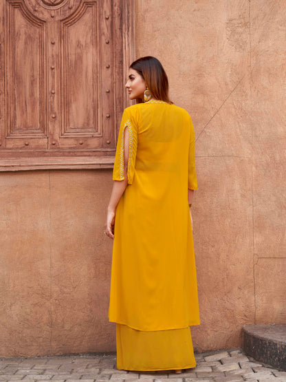 Dhiyona TI Women's Women Yellow Georgette Embroidered Co Ord