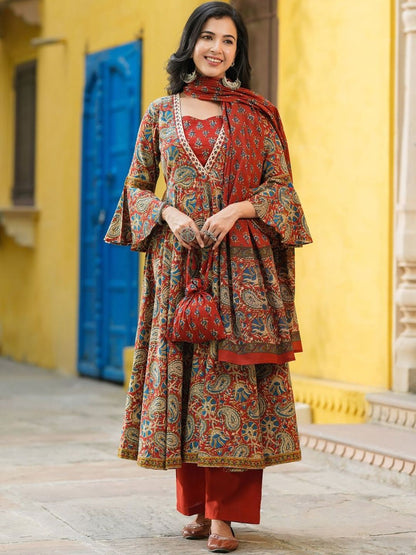Dhiyona RR Women's Printed Regular Pure Cotton Kurta With Trousers & Dupatta