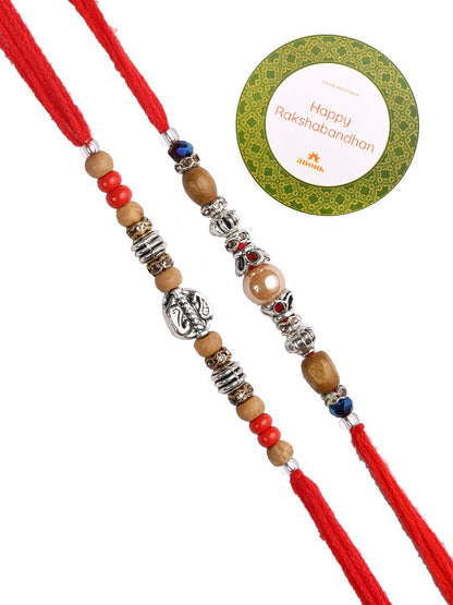 Dhiyona Set Of 2 Silver-Toned Beaded Rakhi With Roli Rice & Greeting Card