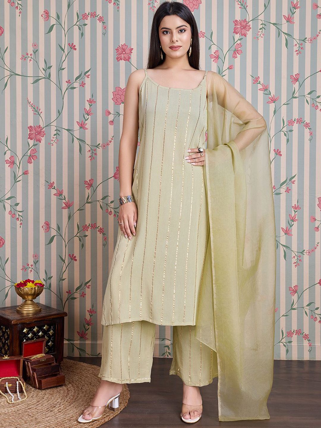 Dhiyona OD  Striped Straight Kurta with Palazzos & With Dupatta