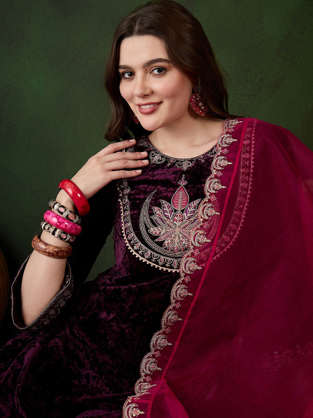 Floral Embroidered Sequinned Velvet Kurta with Trouser & Dupatta