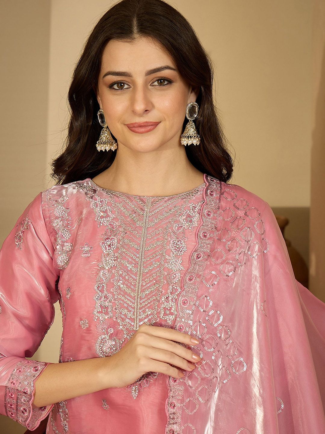 Dhiyona SN Floral Embroidered Sequinned Pure Silk Straight Kurta With Palazzo & Dupatta