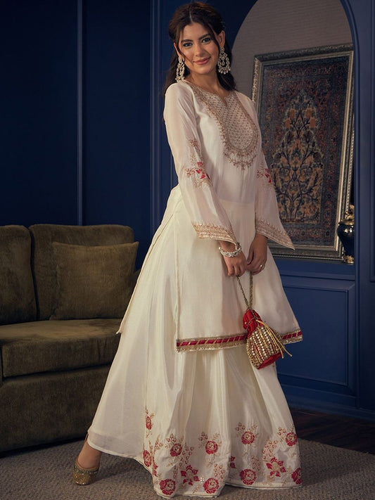 Dhiyona CH Women Ethnic Motifs Embroidered Regular Thread Work Kurta with Sharara