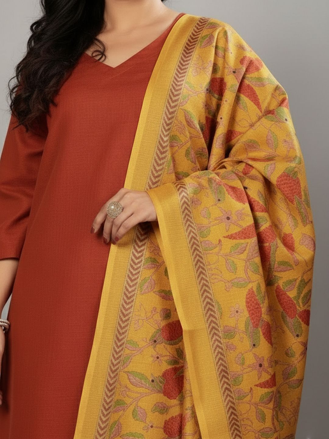 Rust Women Floral Regular Kurta with Trousers & With Dupatta