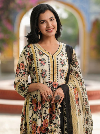 Dhiyona RR Women's Floral Printed Regular Pure Cotton Kurta with Trousers & Dupatta