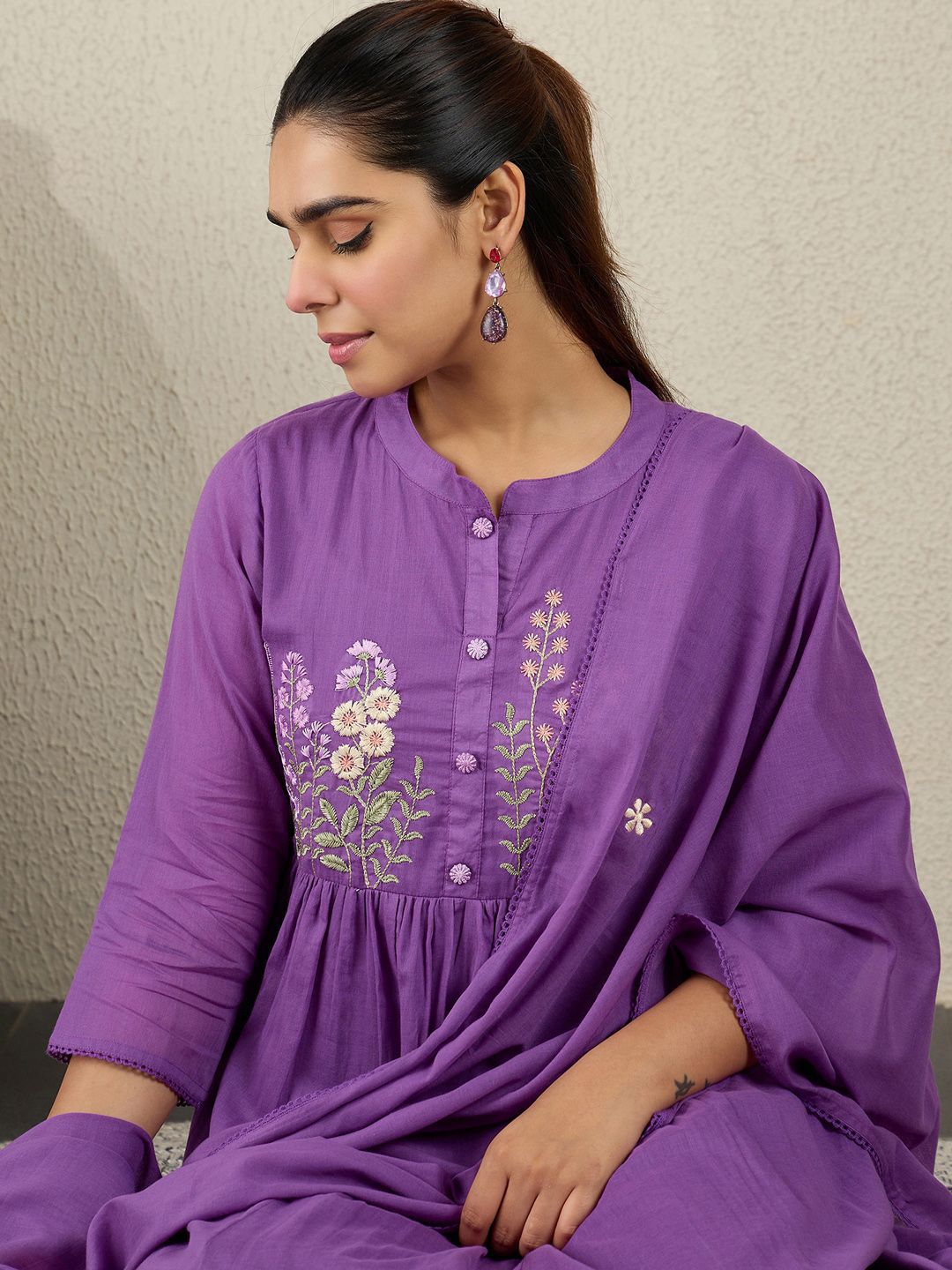 Dhiyona IE Floral Embroidered Anarkali Thread Work Pure Cotton Kurta With Trousers & Dupatta