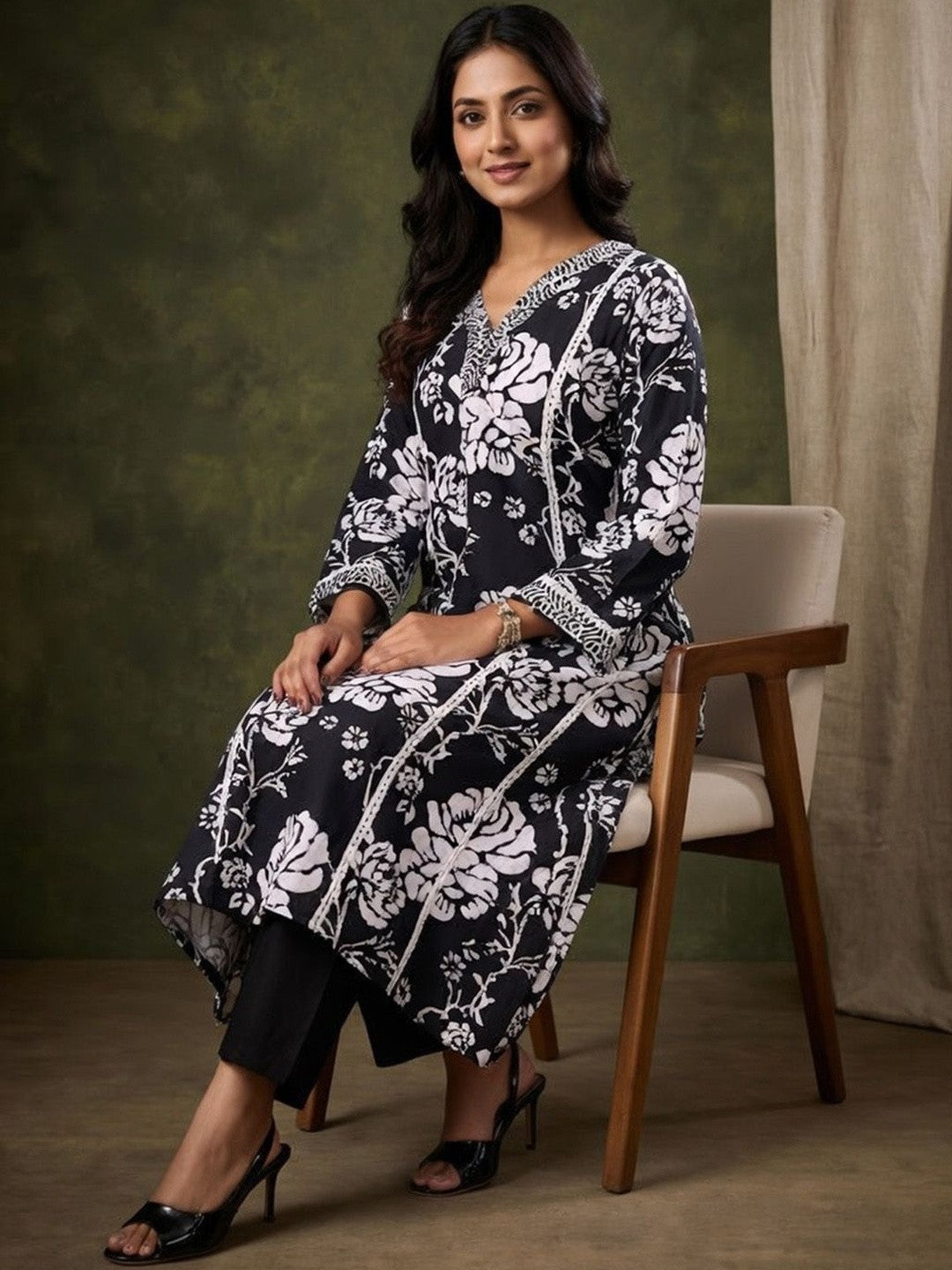 Printed Pure Cotton V-Neck Kurta & Trousers