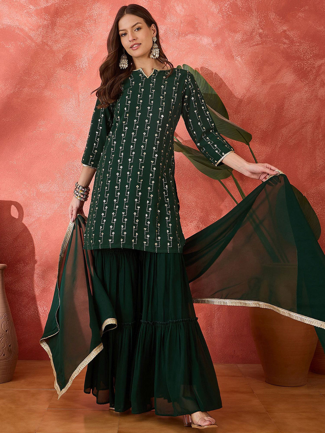 Women Sequinned Embroidered Round Neck Kurta, Sharara With Dupatta