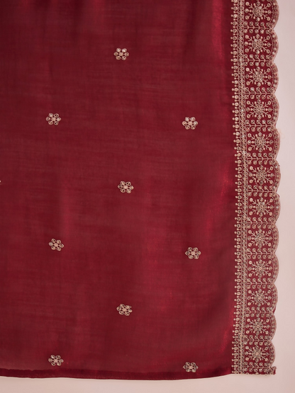 Women's Maroon Embroidered Straight Kurta Trousers With Dupatta set