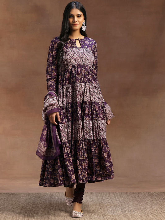 Floral Printed Keyhole Neck Pure Cotton Anarkali Kurta with Churidar & Dupatta