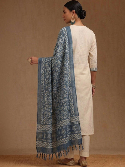 Embroidered Khadi Cotton Round Neck Kurta & Trousers With Dupatta