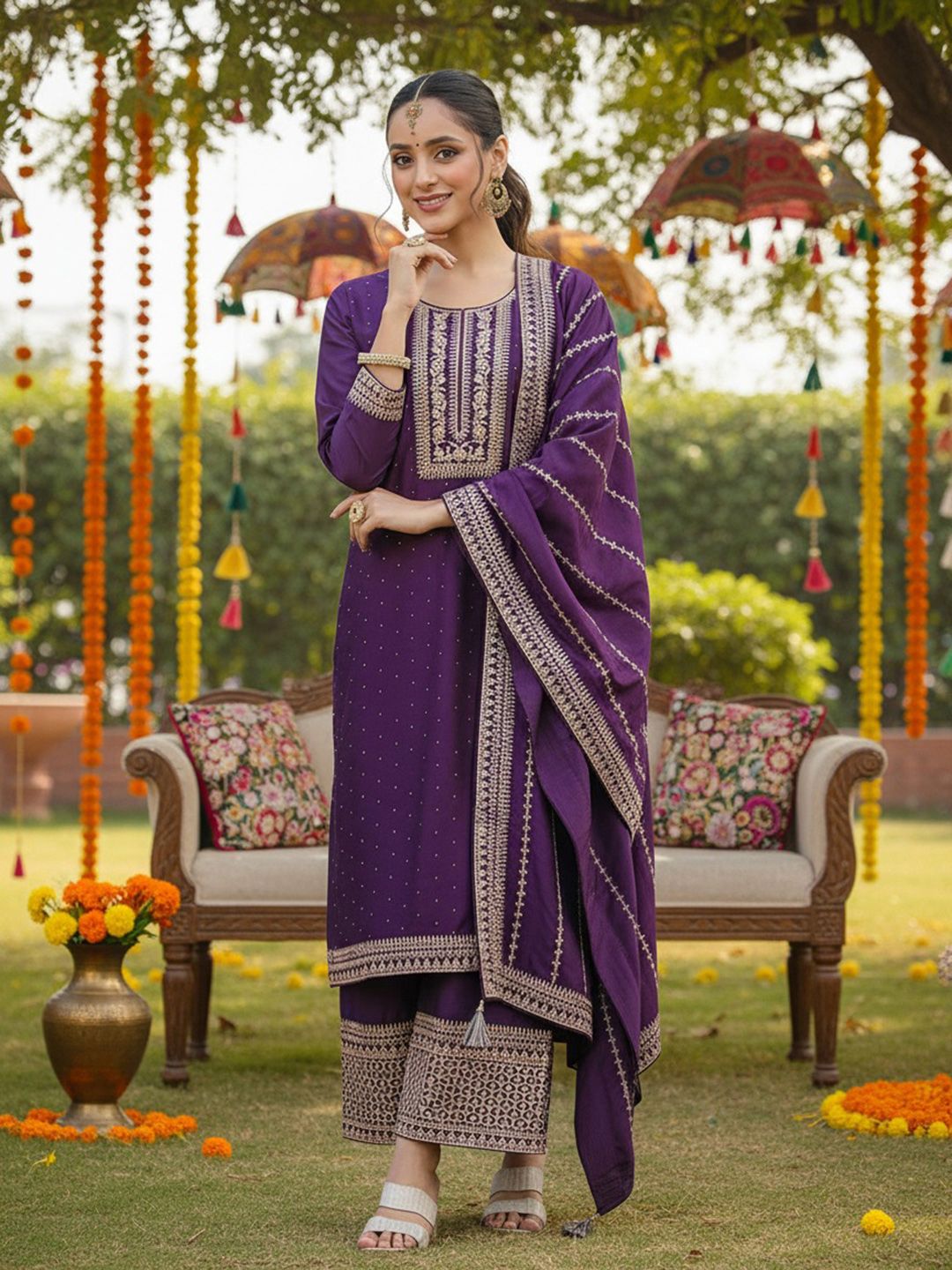 Dhiyona KL Yoke Design Regular Kurta with Palazzos & With Dupatta