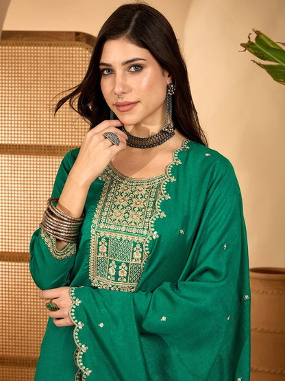 Dhiyona SN Ethnic Motifs Embroidered Thread Work Straight Kurta with Palazzos & Dupatta