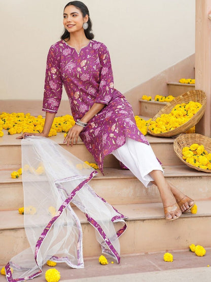 Dhiyona KL Floral Printed Straight Kurta With Trousers & Dupatta