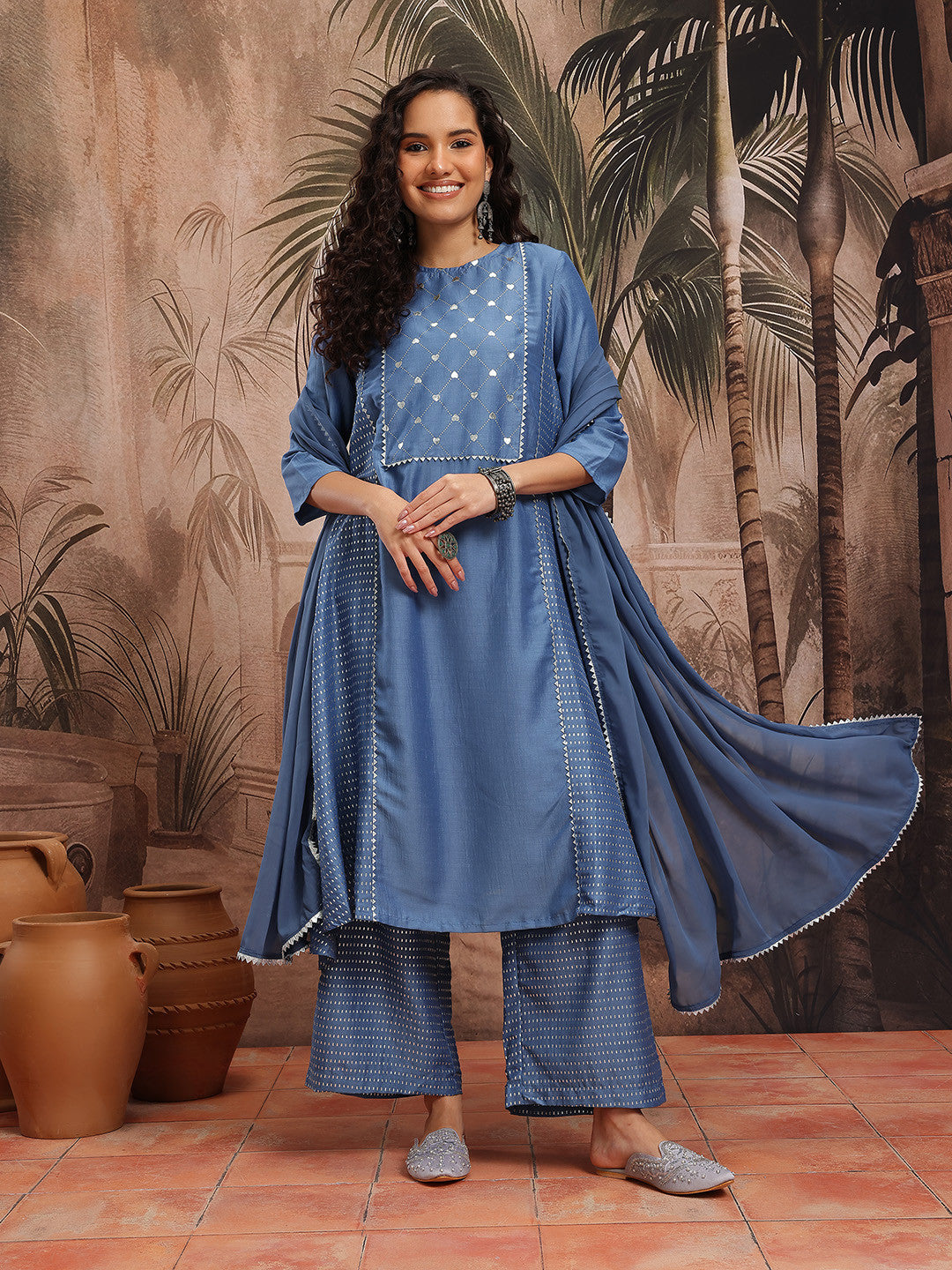 Geometric Foil Printed Gotta Patti Detail A-Line Kurta with Trousers & Dupatta