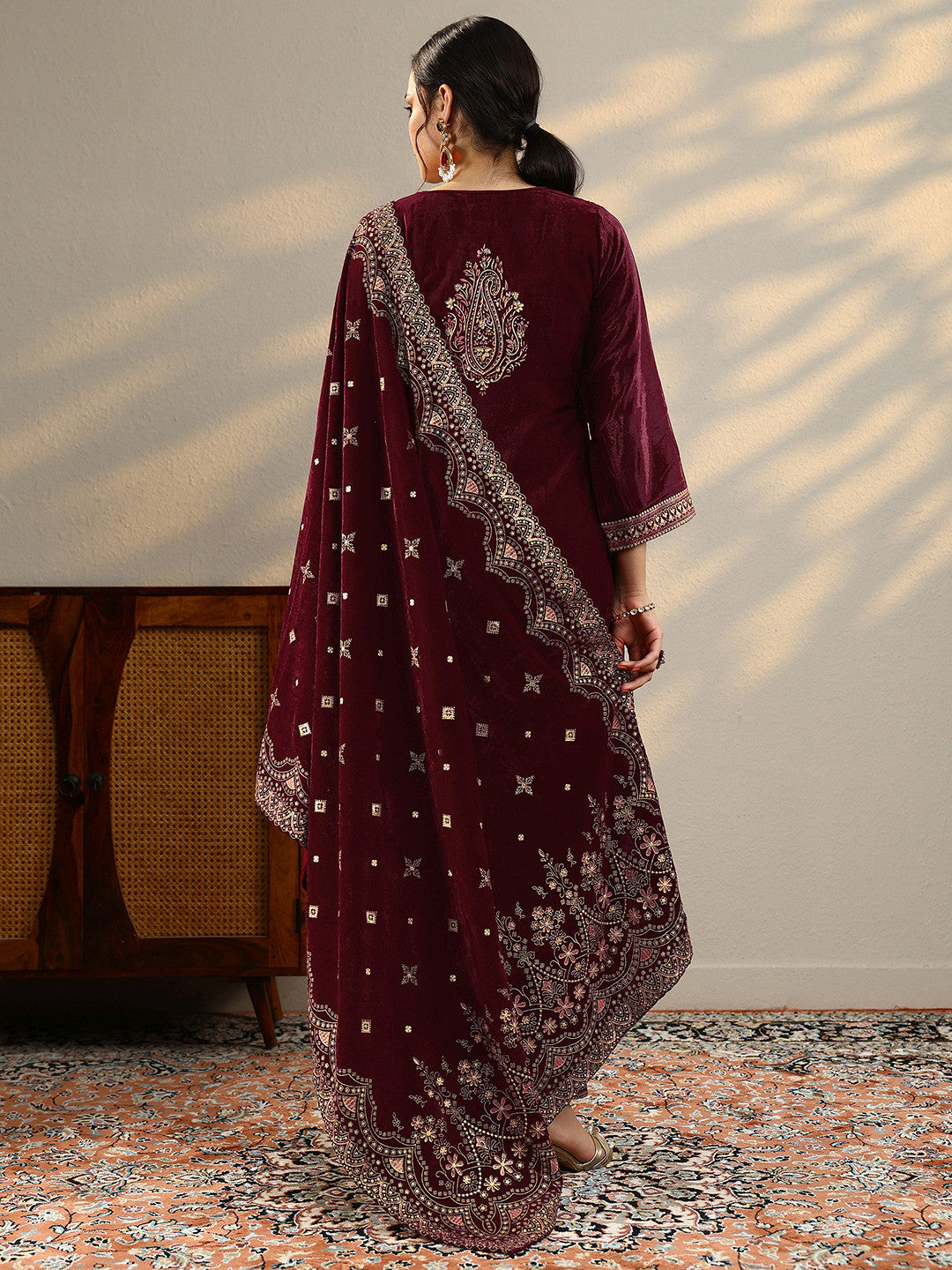 Floral Printed Straight Sequinned Velvet Kurta with Trousers & Dupatta
