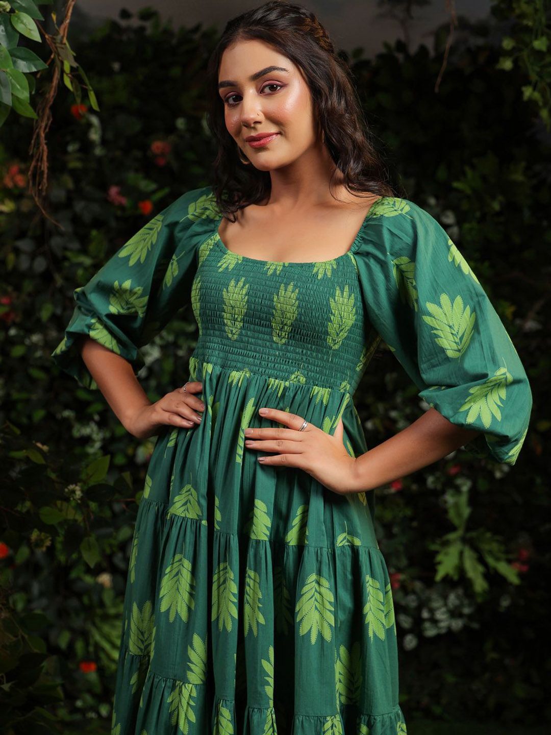 Dhiyona AY Women's Printed Puff Sleeves Cotton Maxi Ethnic Dress