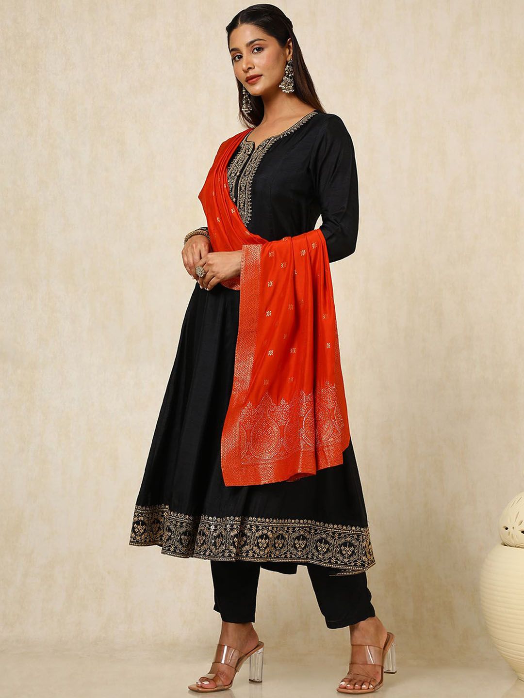 Dhiyona SO Women's Women Ethnic Motifs Embroidered Panelled Sequinned Dupion Silk Kurta with Trousers & With Dupatta