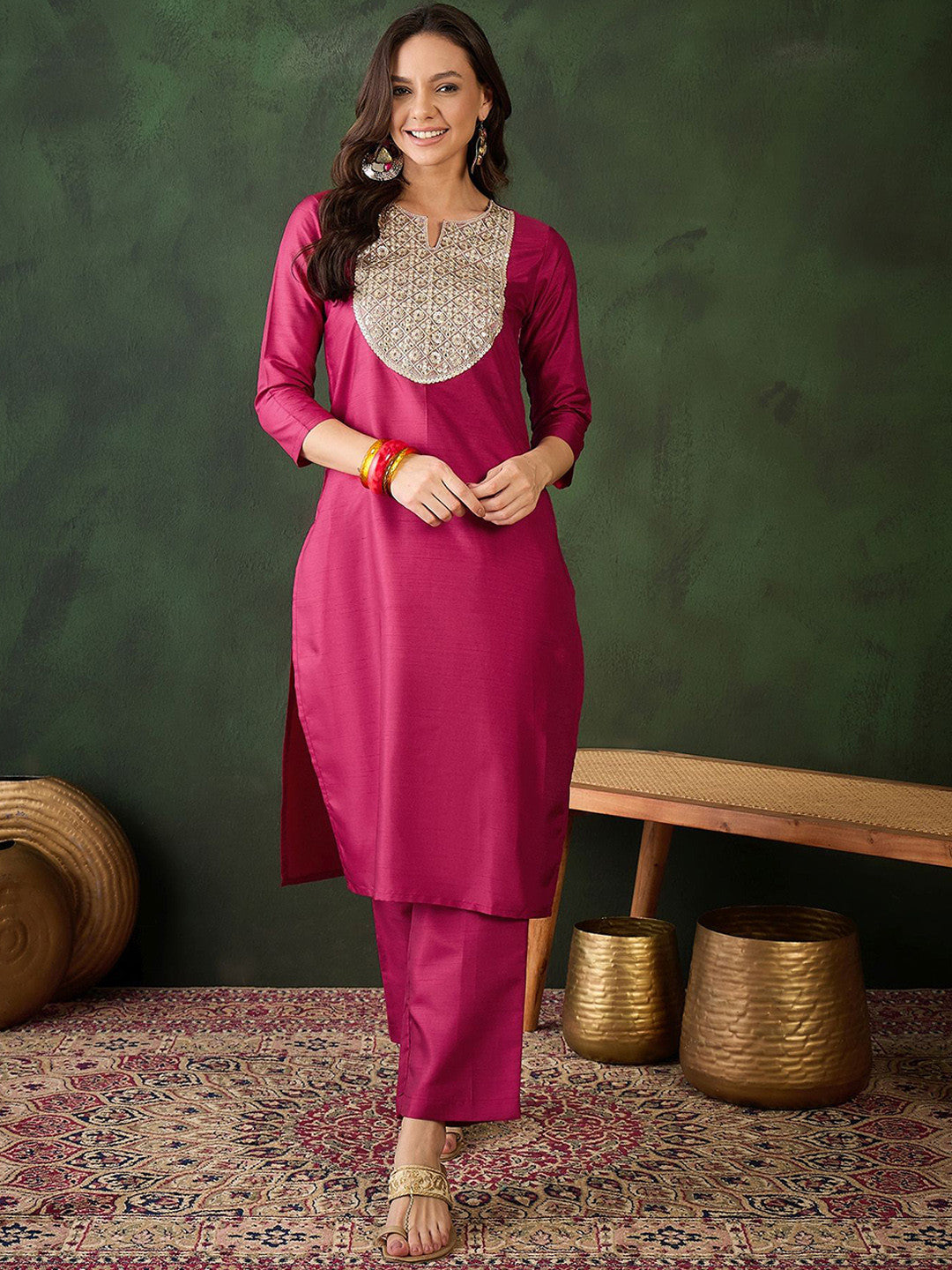 Ethnic Motifs Yoke Design Sequinned Straight Kurta With Trouser