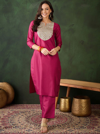Ethnic Motifs Yoke Design Sequinned Straight Kurta With Trouser