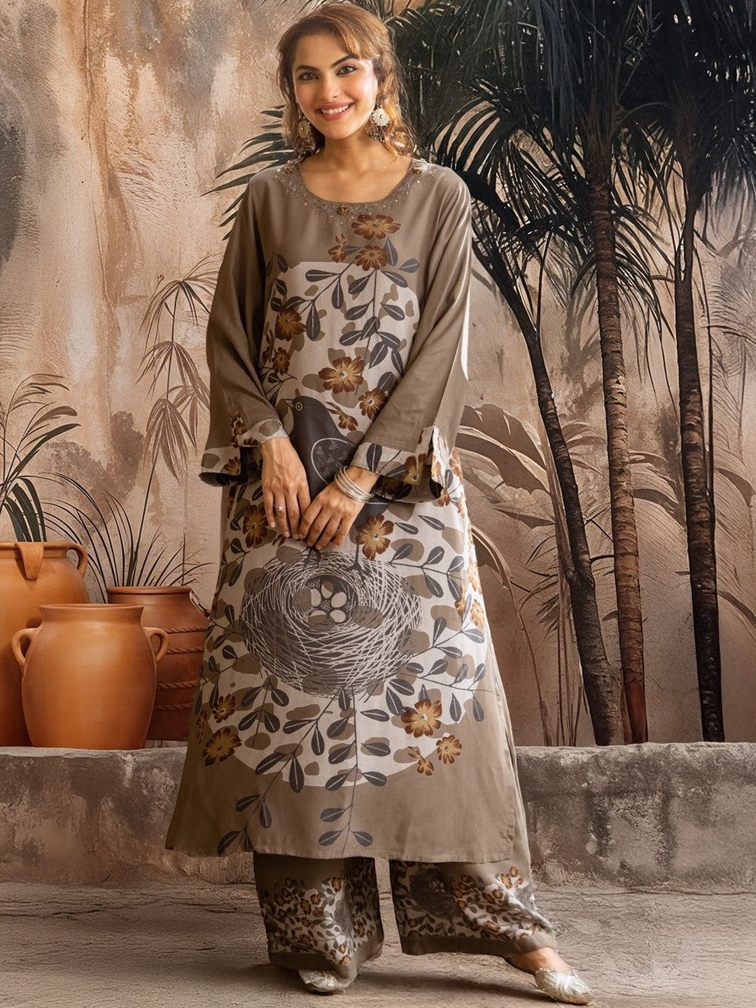 Floral Printed Beads and Stones Kurta with Palazzos