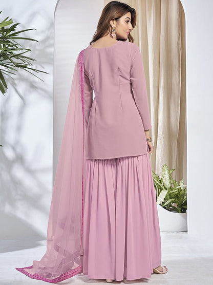 Dhiyona IN Floral Embroidered Round Neck Sequinned Georgette Kurta With Sharara & Dupatta