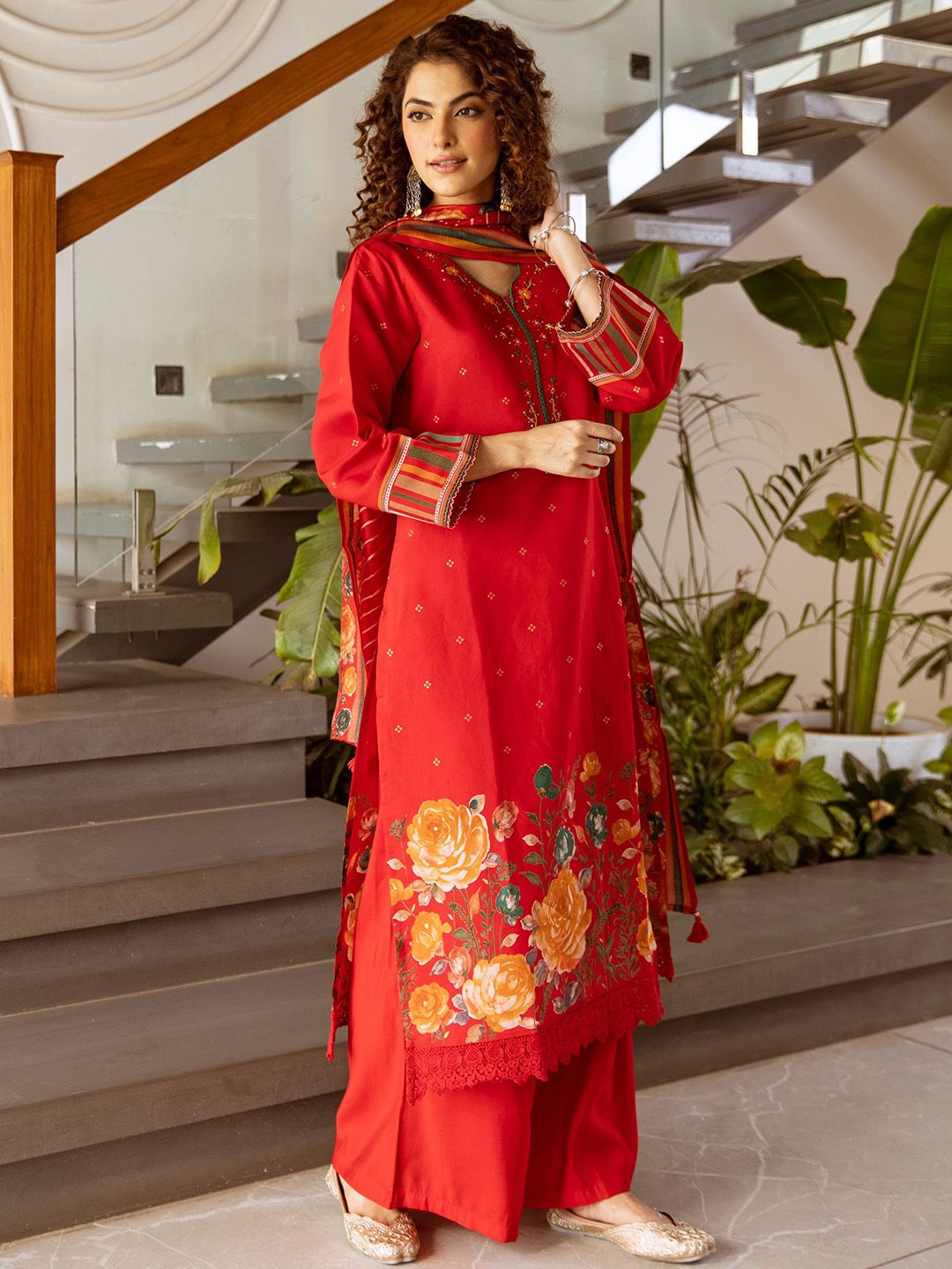 Dhiyona SN Printed & Embroidered V Neck Kurta, Palazzo & Dupatta Set