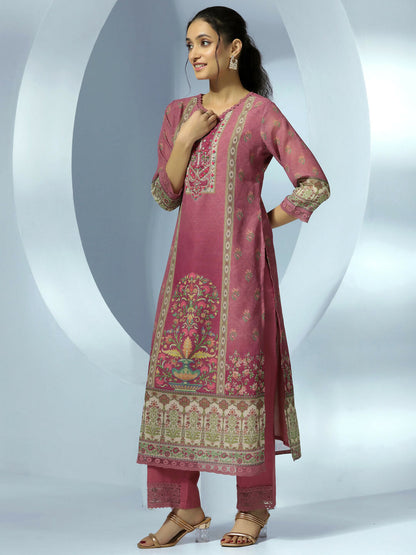 Women's LB Mauve Printed Linen Straight Suit With Dupatta