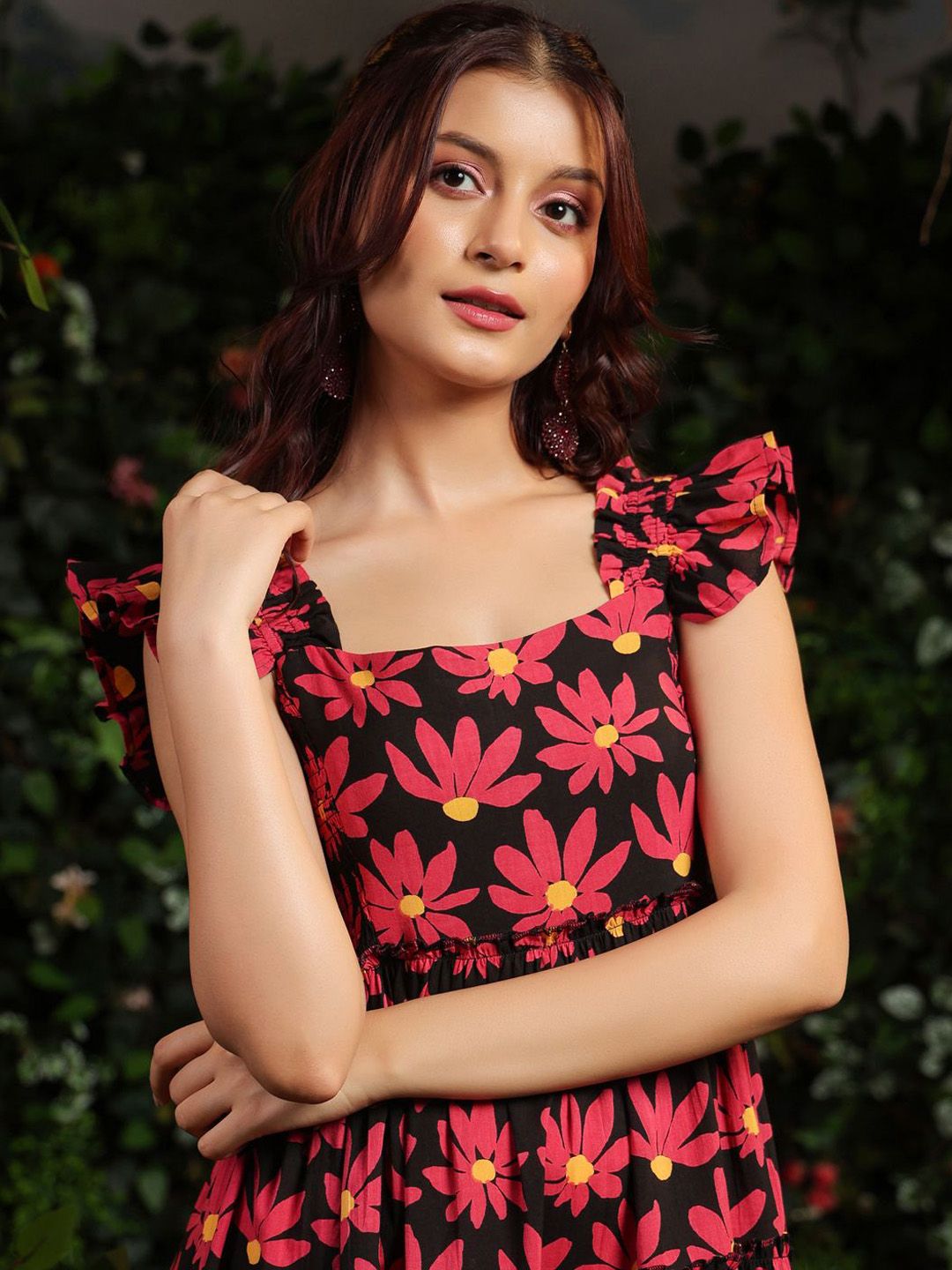 Dhiyona AY Women's Floral Printed Fit & Flare Ethnic Midi Dress