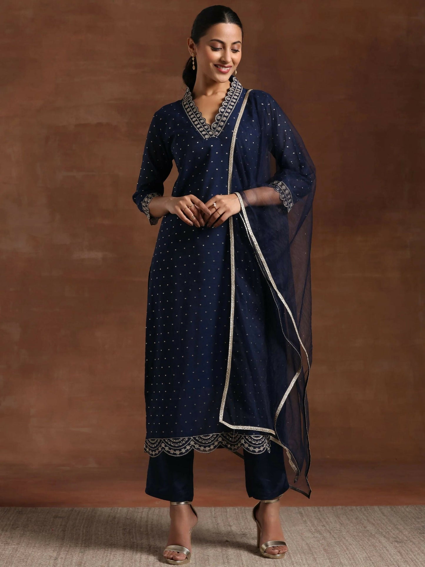 Women's LB Blue Self Design Silk Blend Straight Suit With Dupatta