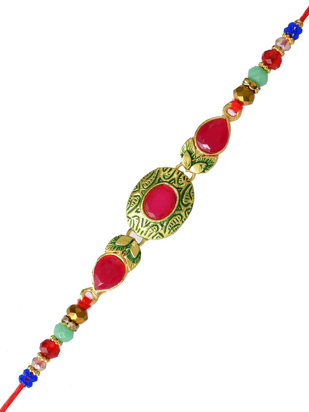Dhiyona Gold-Toned Kundan-Studded & Beaded Rakhi With Roli Chawal & Greeting Card