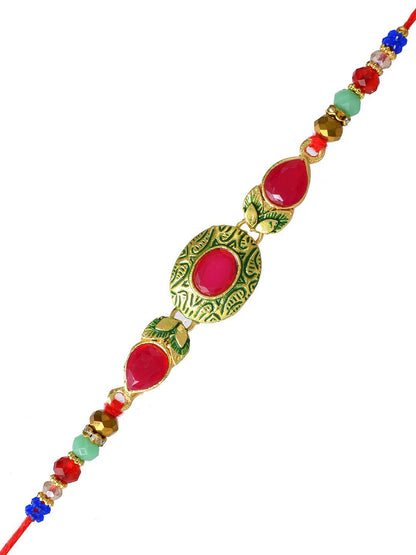 Dhiyona Gold-Toned Kundan-Studded & Beaded Rakhi With Roli Chawal & Greeting Card