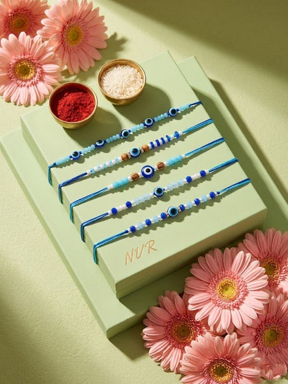 Dhiyona Set Of 5 Blue Evil Eye Thread Rakhi With Roli Chawal Chandan Mishri