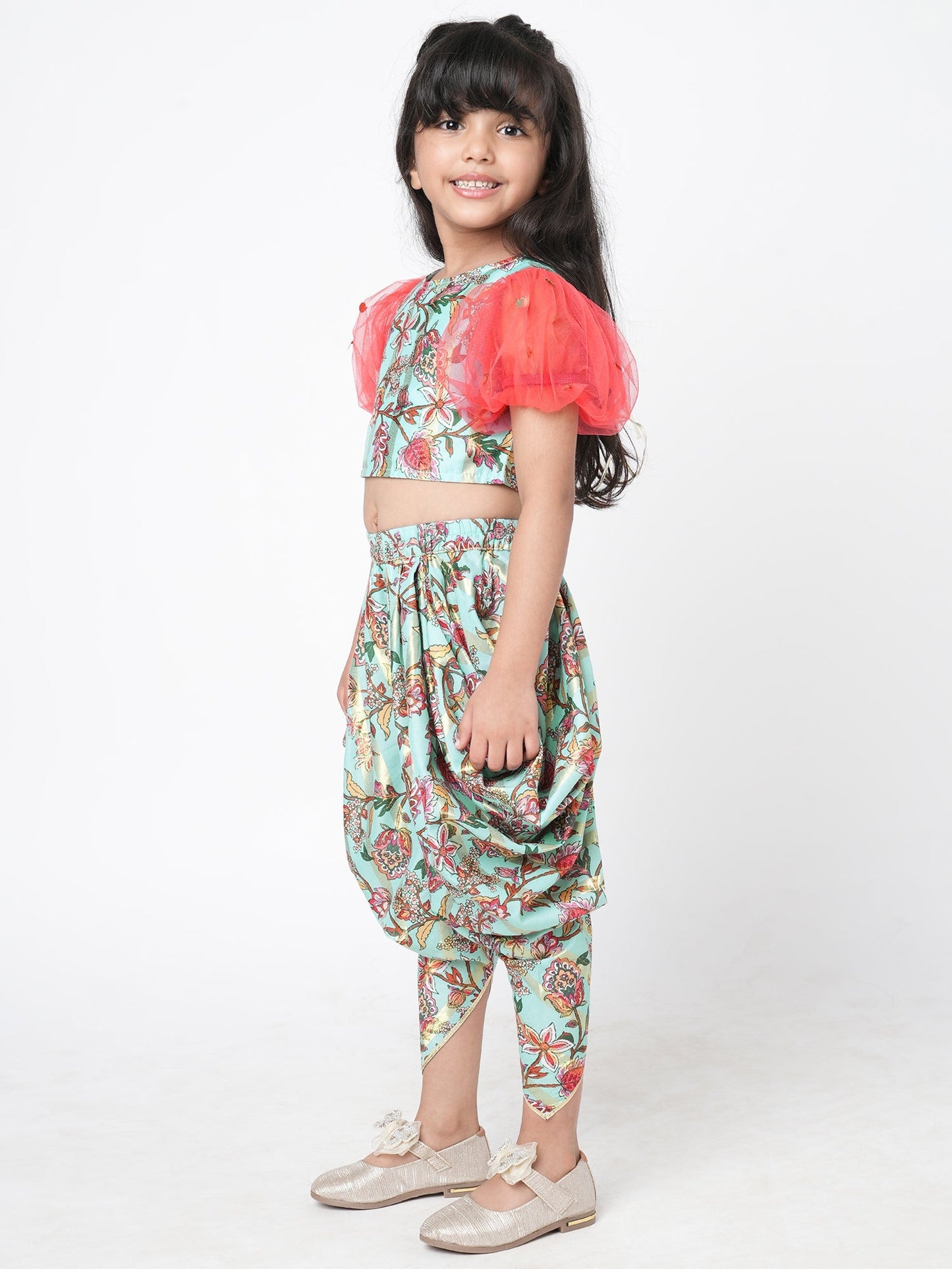 Golden Weaves  Blue Crop Top with Dhoti Girls Co-ordinate set