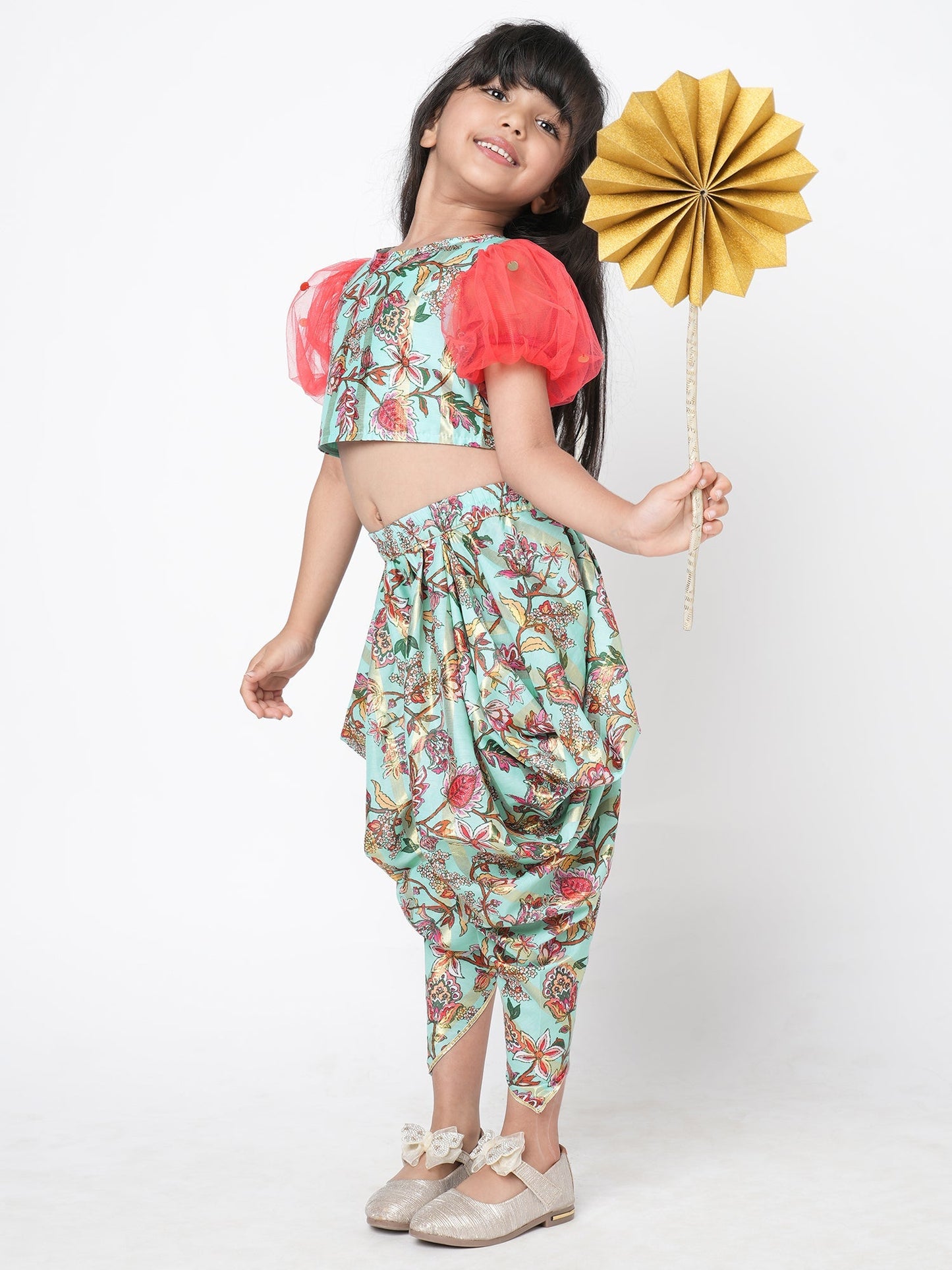 Golden Weaves  Blue Crop Top with Dhoti Girls Co-ordinate set