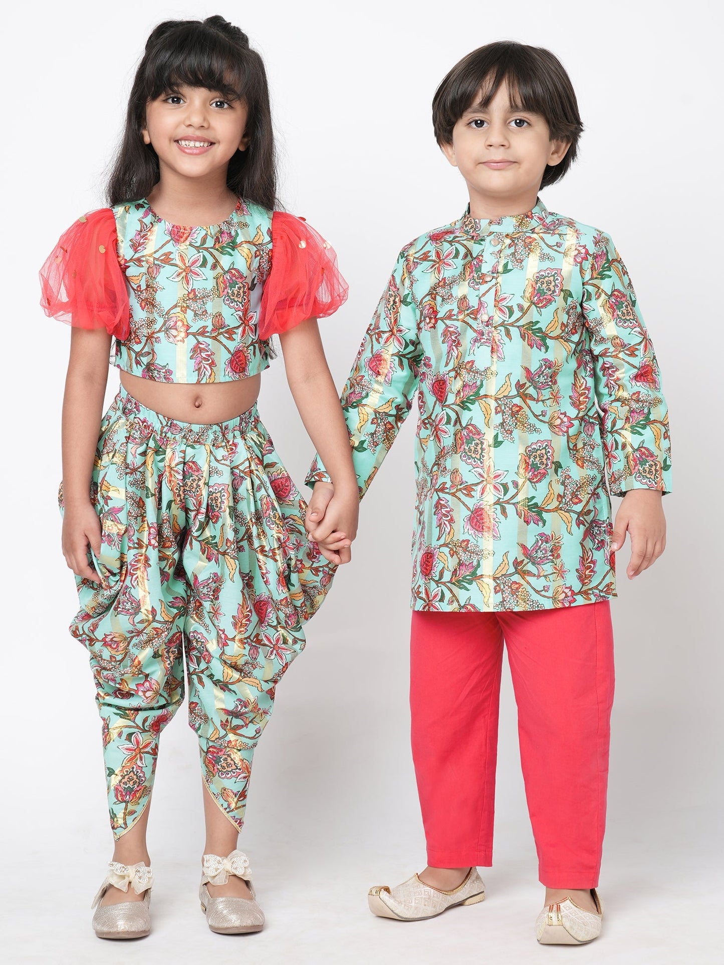 Golden Weaves  Blue Crop Top with Dhoti Girls Co-ordinate set
