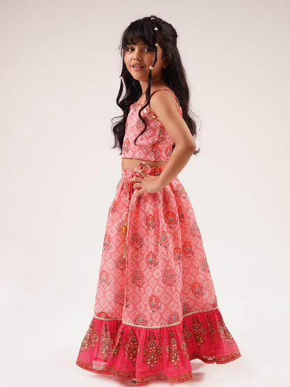 Raangoli Girls Pink Embroidered Lehanga Choli Set