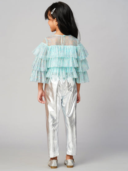 Glam Up Girls Shimmer Blue Party Top with Pant set for Girls