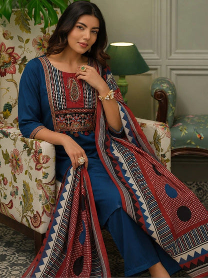 Women Ethnic Embroidered Regular Pure Cotton Kurta with Trousers & With Dupatta