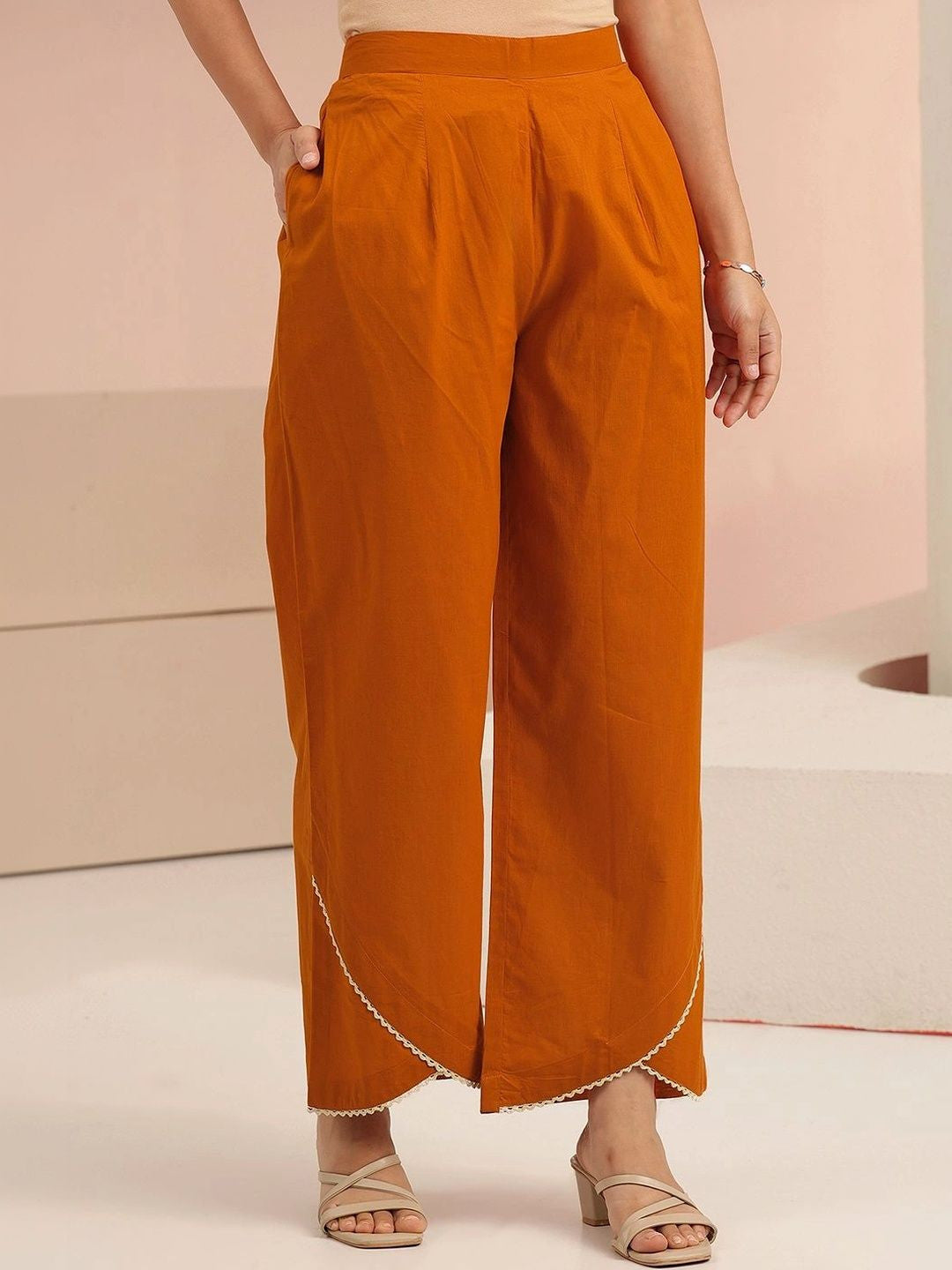 Rust Orange Floral Embridered Cotton Straight Suit Set