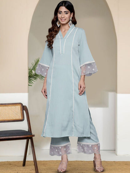 Turquoise Blue Women Solid Kurta with Trousers