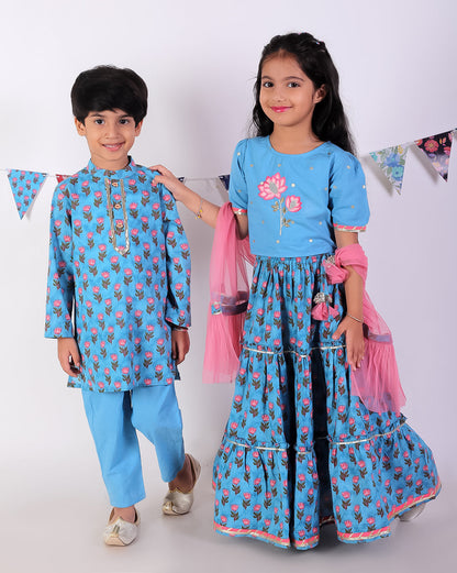 Jaipur Girls Blue Cotton Lehanga and Choli with Dupata Ethnic Set