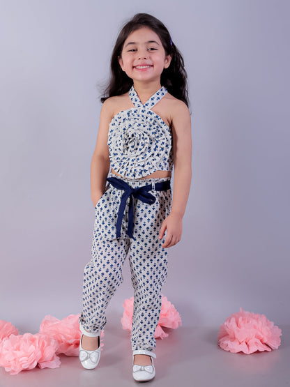 Jaipur Girls White Printed Top with Printed Pant Girls Co-ordinate set